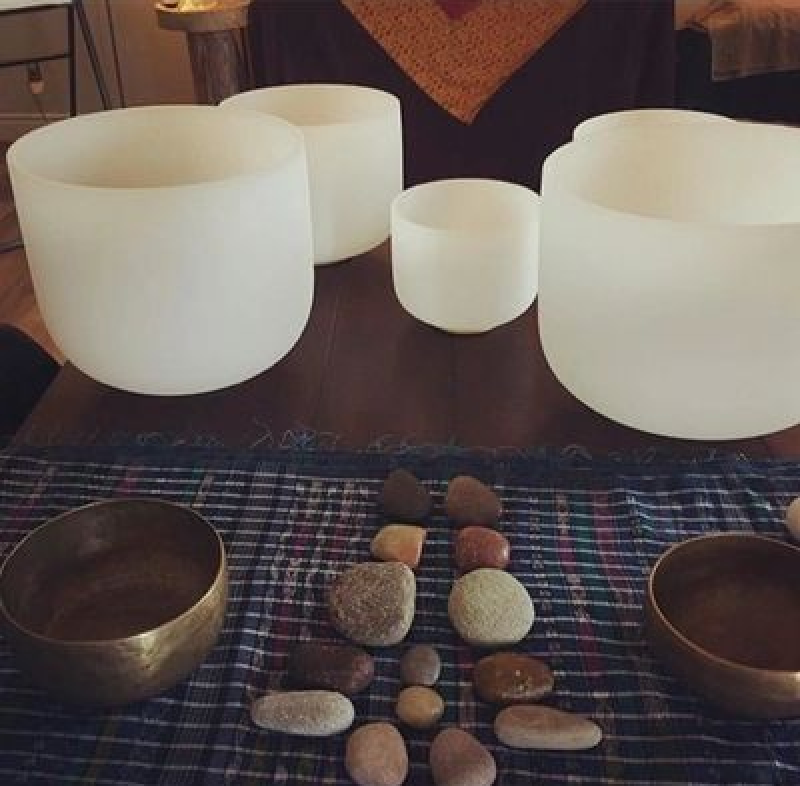 Meditation setup with bowls and stones