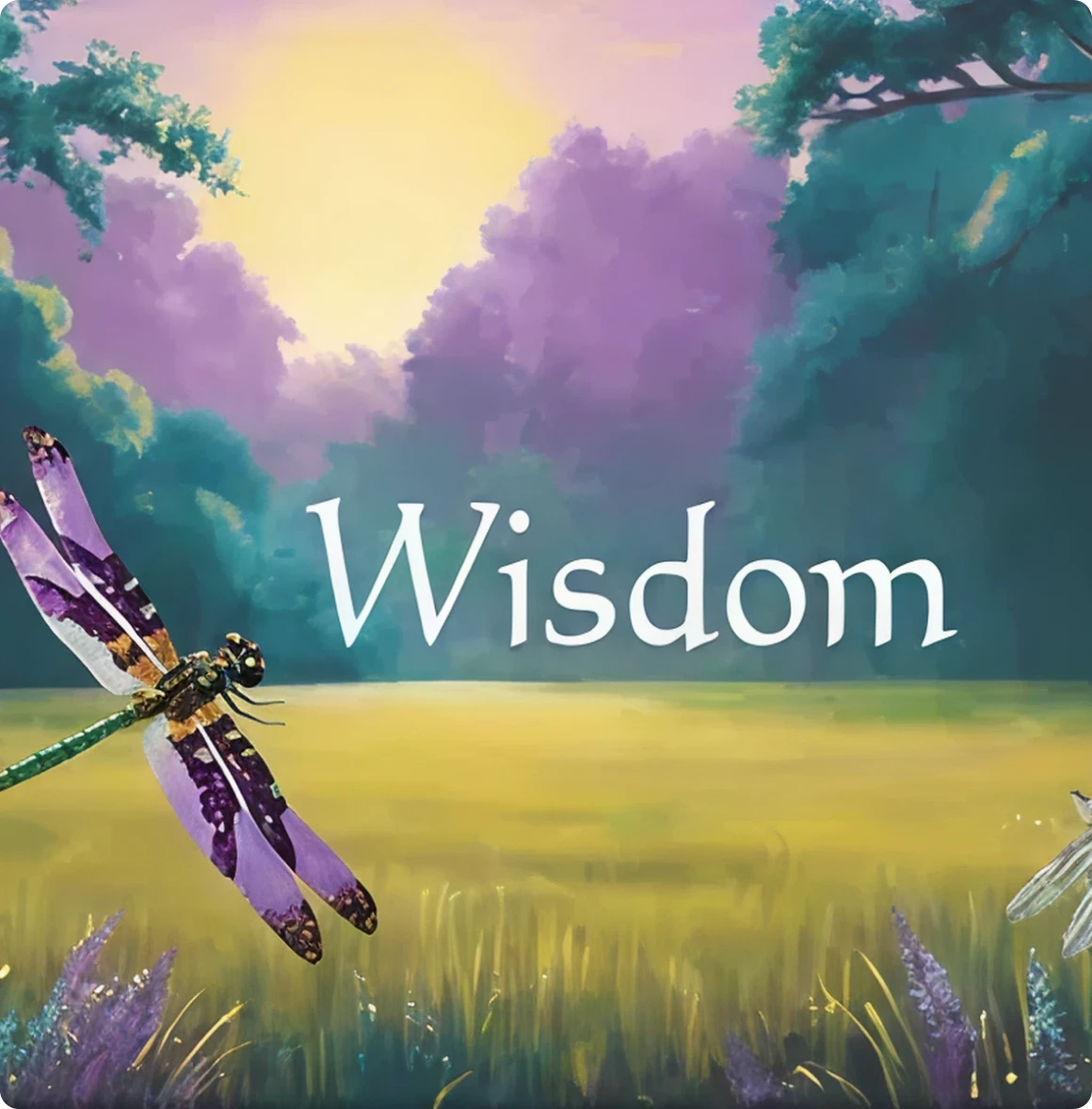 Peaceful scene with dragonfly and "Wisdom